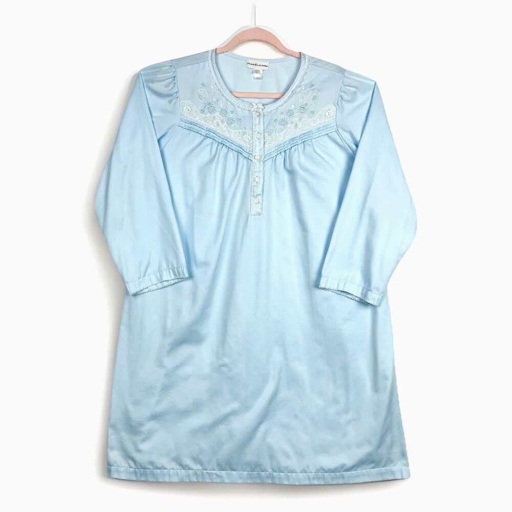 VTG Miss Elaine Blue Nightgown Sleepshirt Womens SZ L Embroidered Collar Retro